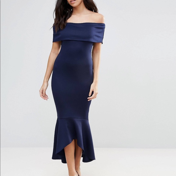 Dresses & Skirts - Navy Fitted off the shoulder high-low dress